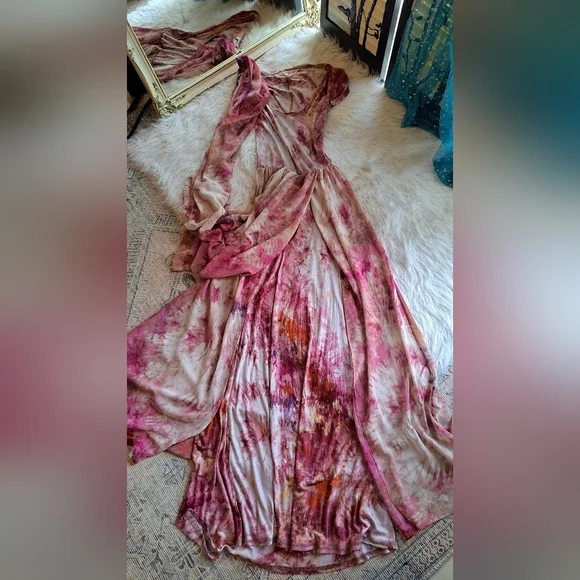 Rachael Roy Multi Layer Floral Floor length Dress. Tie Die Design Cut out back. - Picture 13 of 15